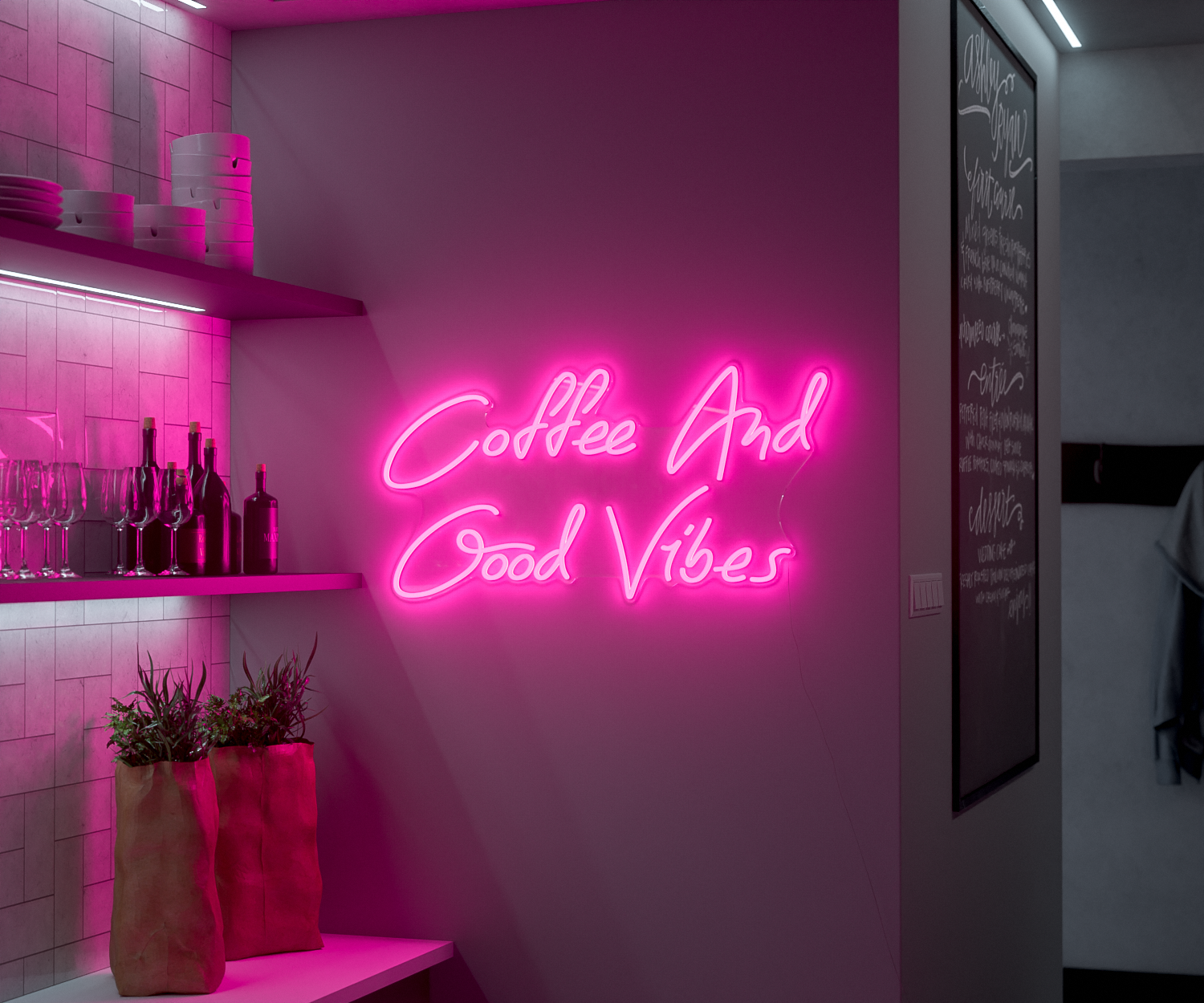 a pink neon sign in a cafe that says "coffee and good vibes"
