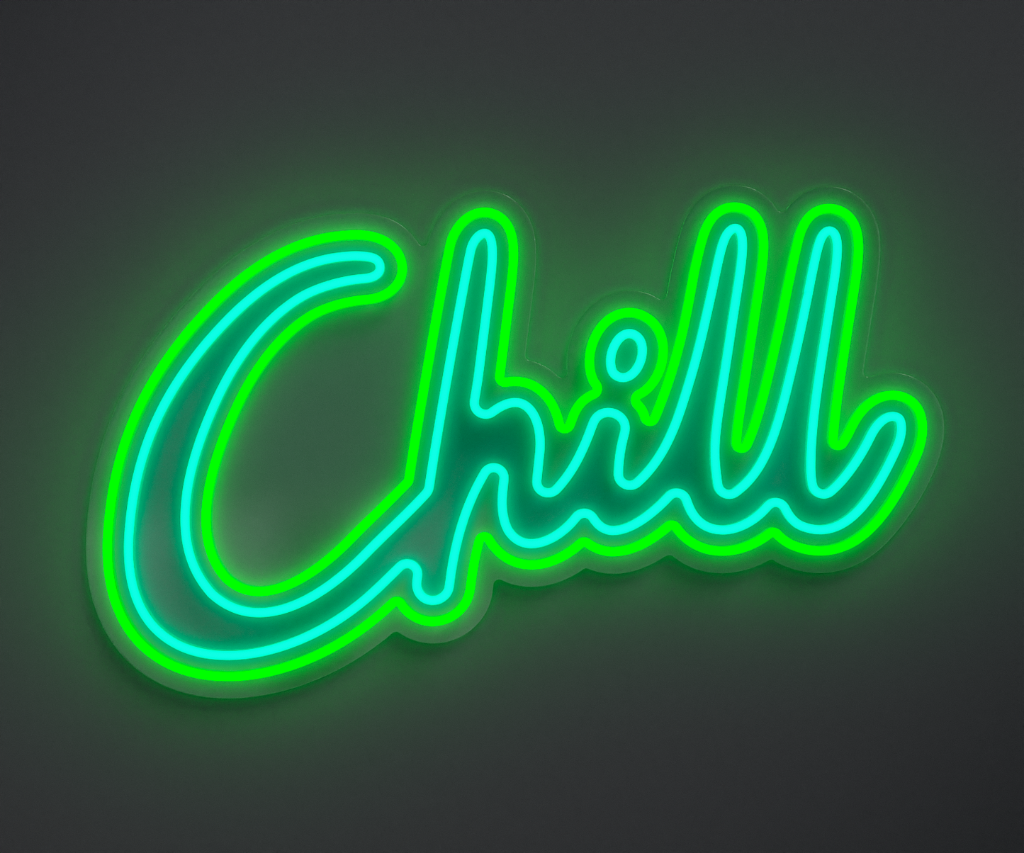green and turquoise neon sign that says chill