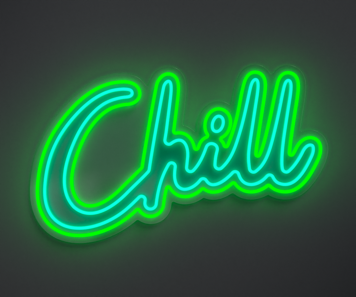 green and turquoise neon sign that says chill