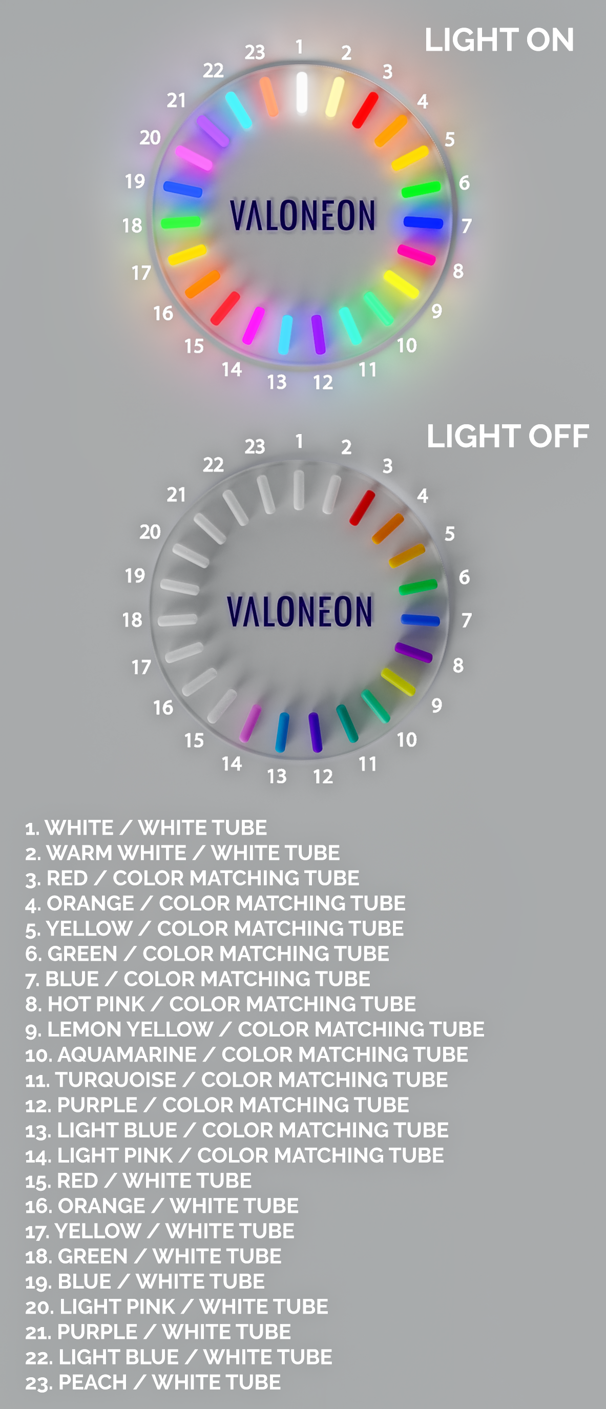 A Valoneon led neon color chart showing all neon colors