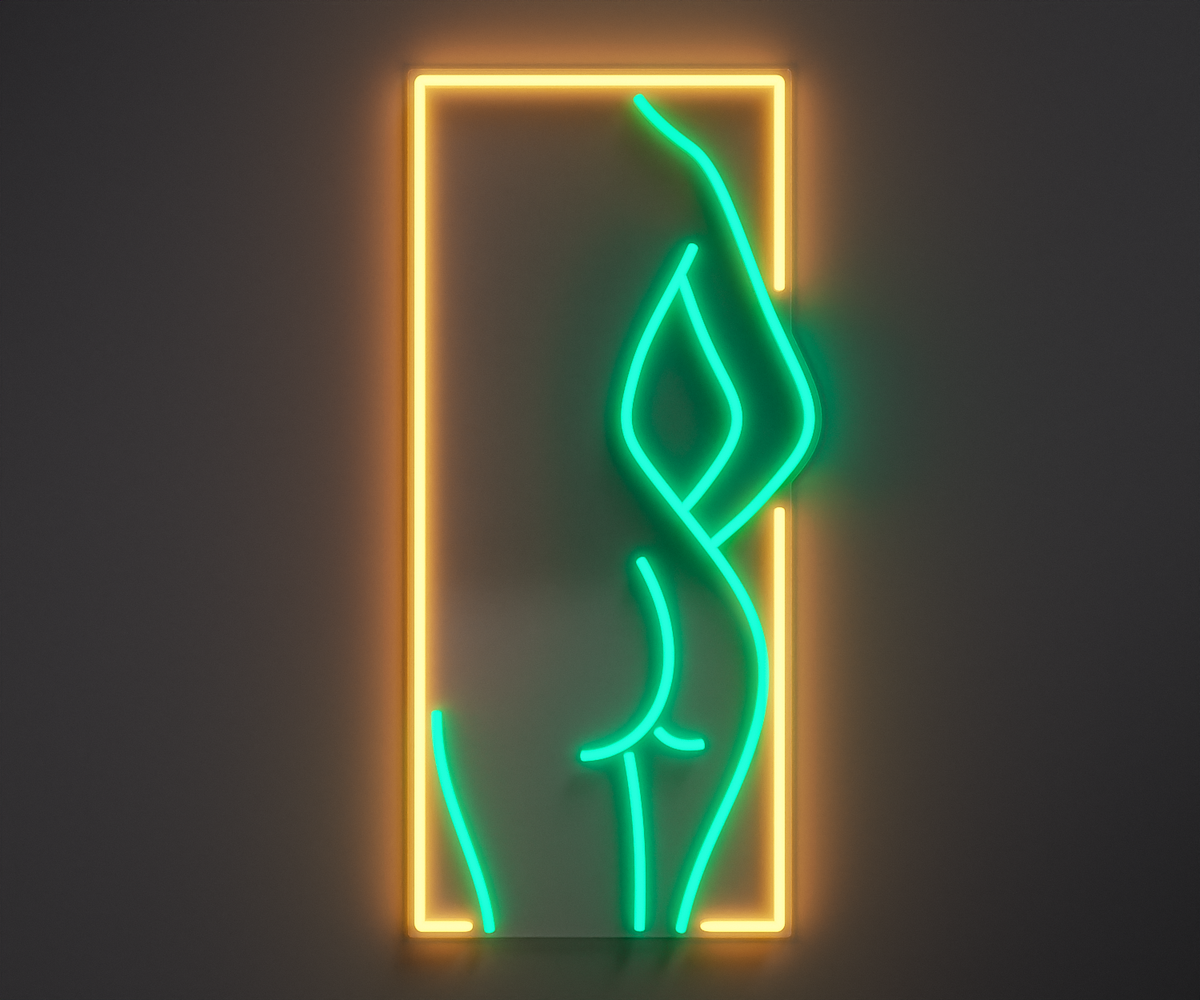 warm white and turquoise neon sign of a woman's silhouette