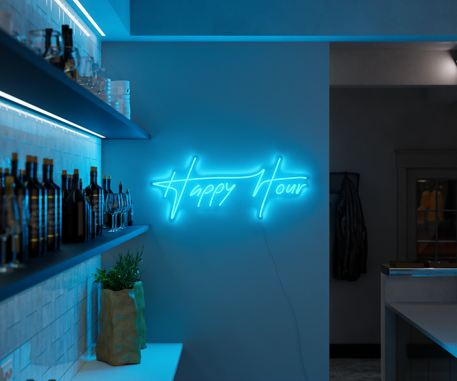 blue happy hour neon sign in a cafe bar