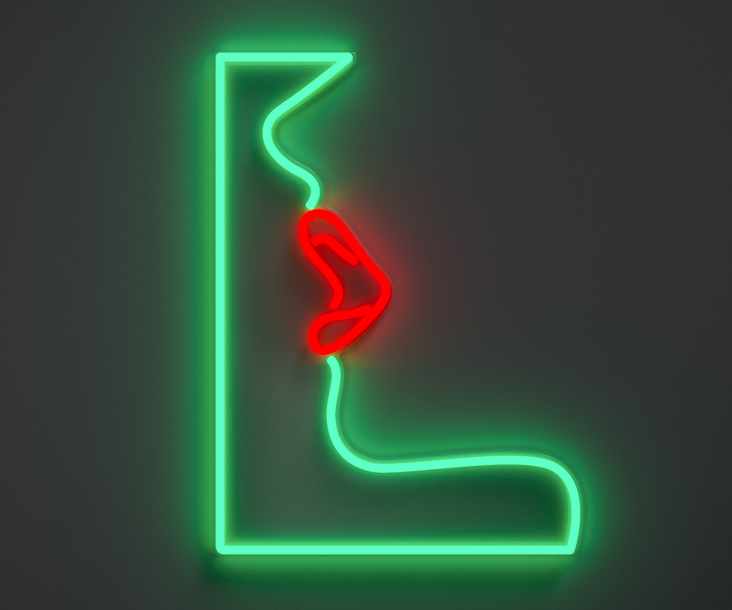 A neon sign of lips, aquamarine and red