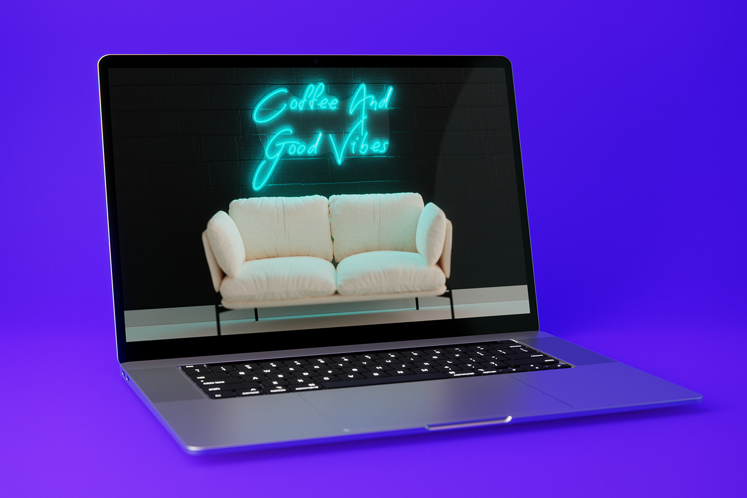 A picture of a laptop showing a 3d rendering of a neon sign