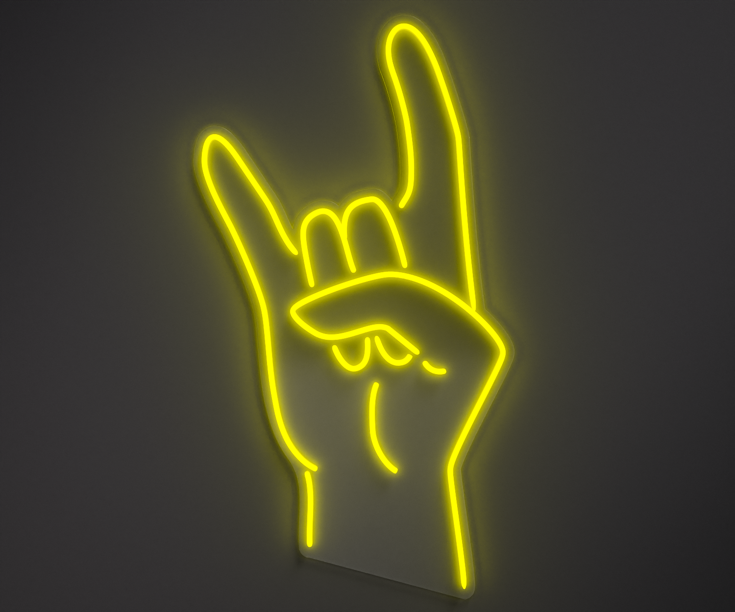 bright yellow neon sign of a rock hand