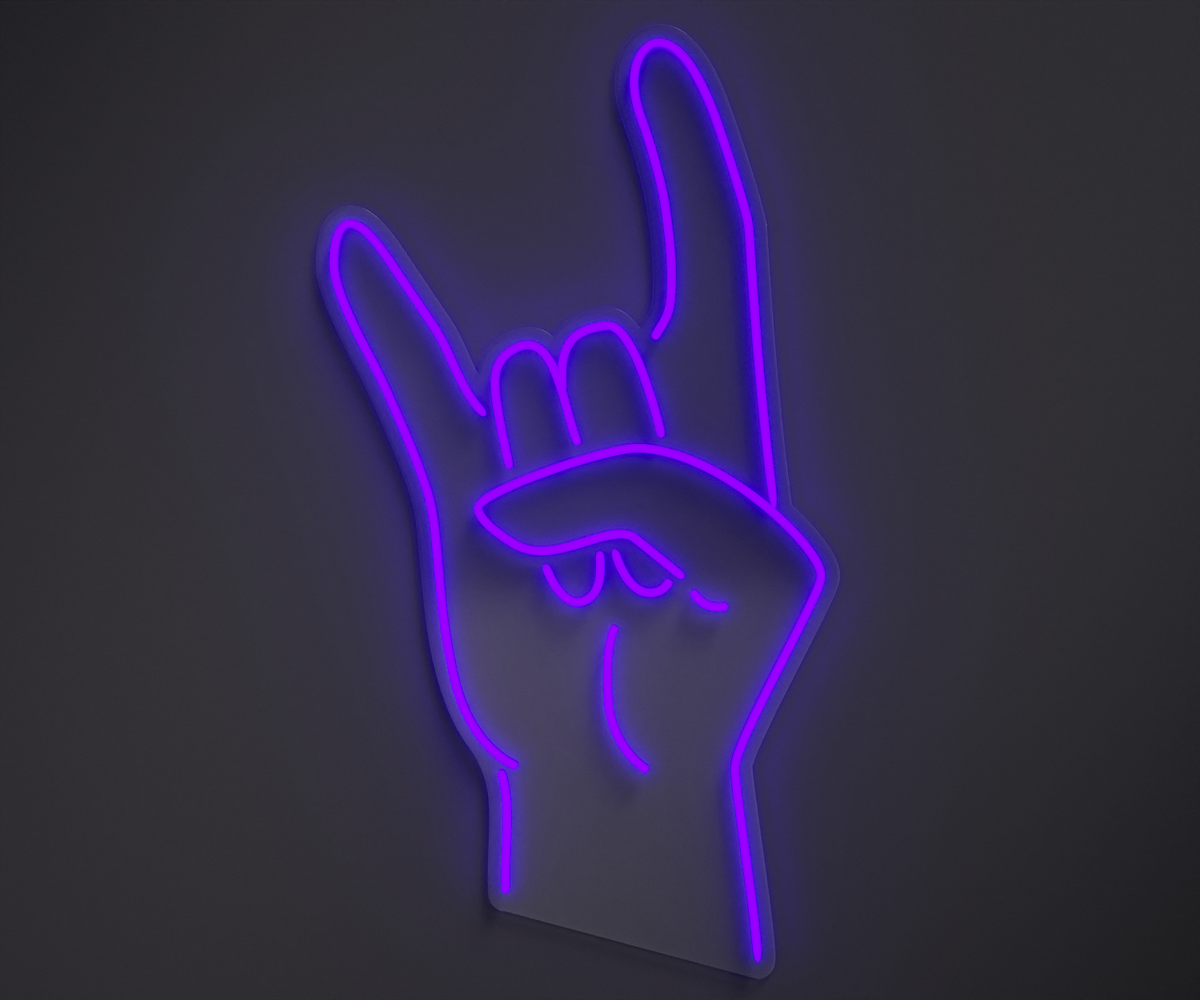 purple neon sign of a rock hand