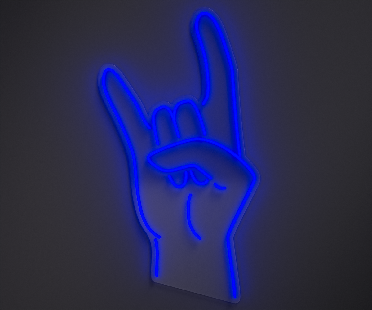 blue neon sign of a rock hand