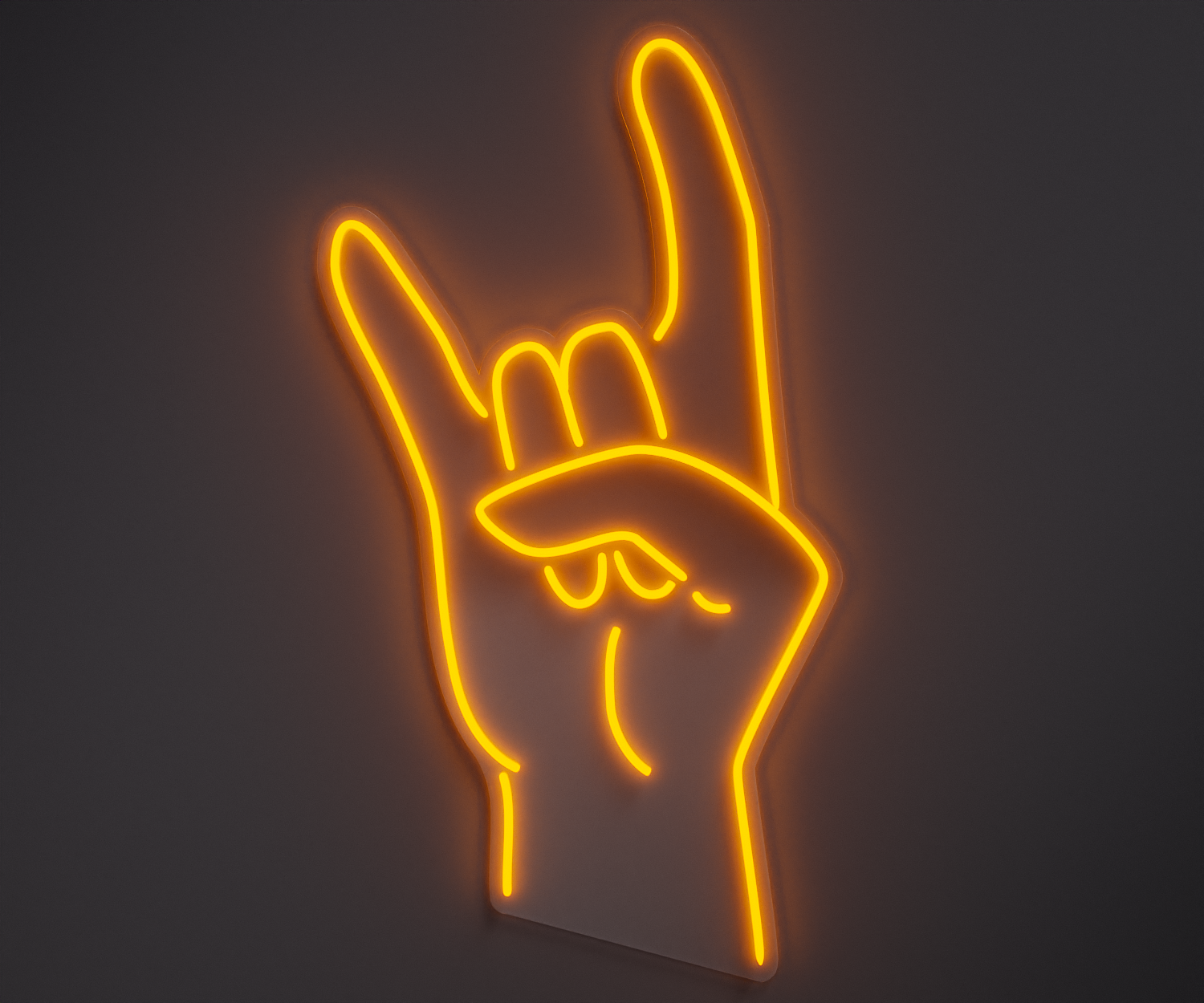 yellow neon sign of a rock hand