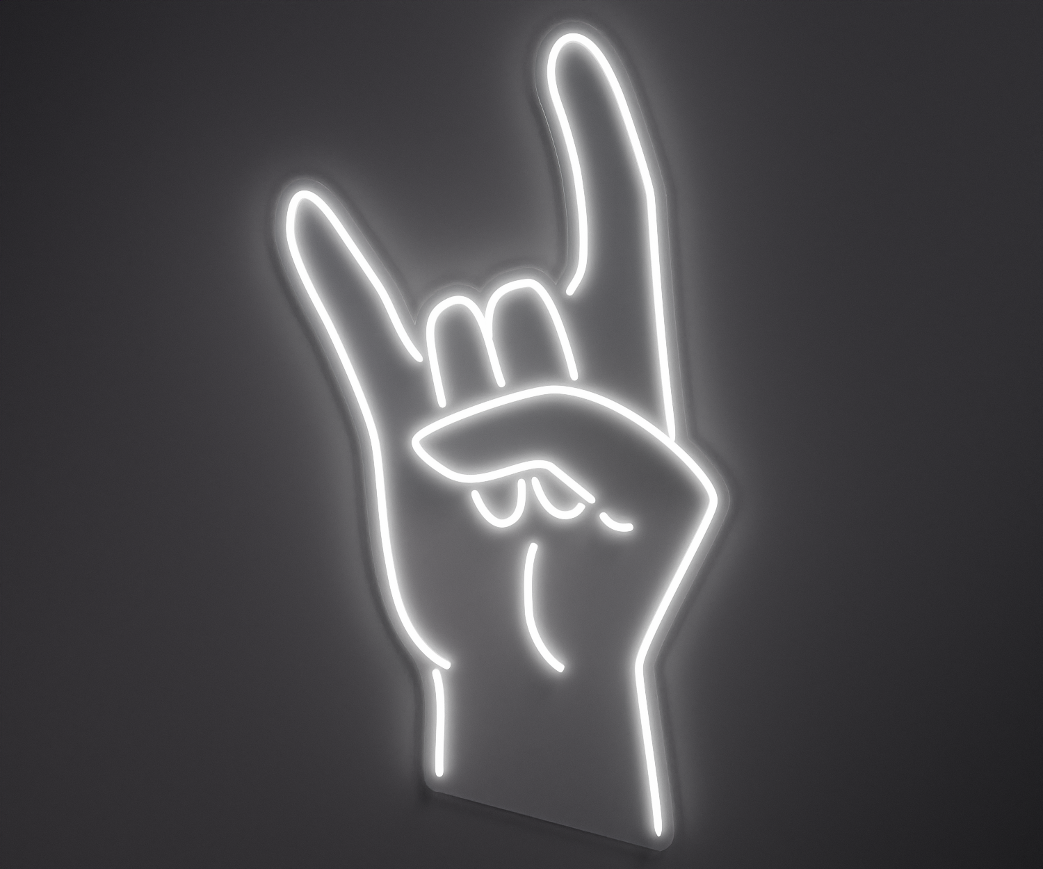 white neon sign of a rock hand