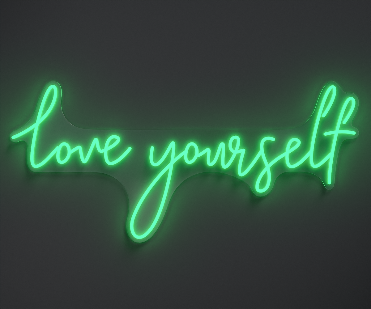 aquamarine neon sign that says love yourself