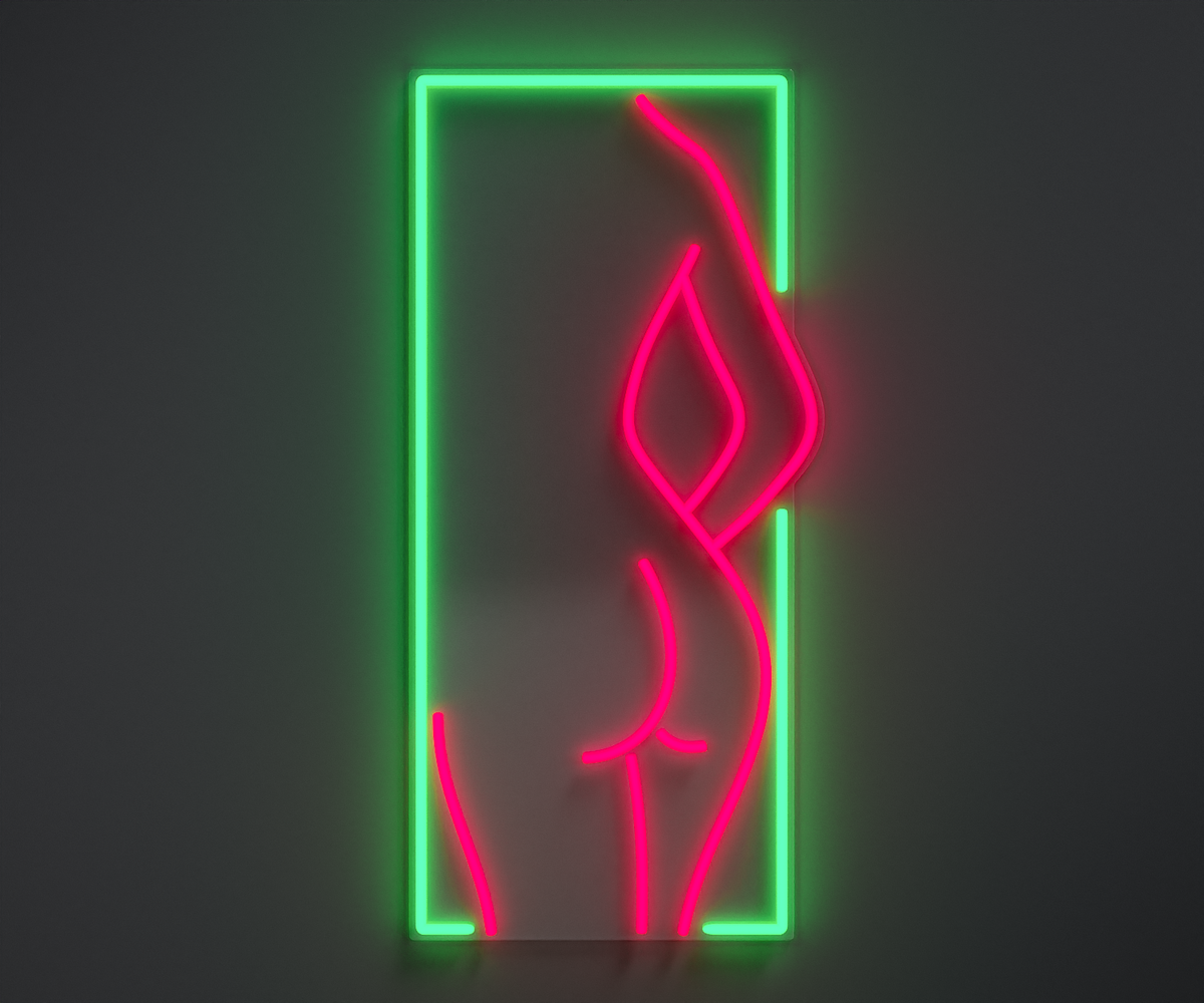 aquamarine and pink neon sign of a woman's silhouette