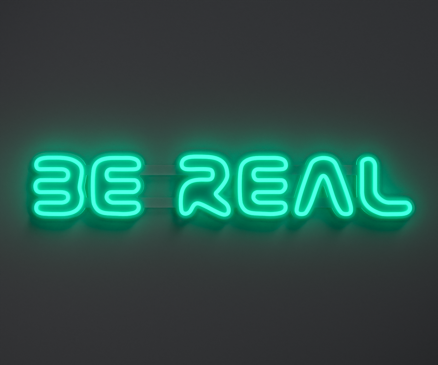 turquoise neon sign that says be real