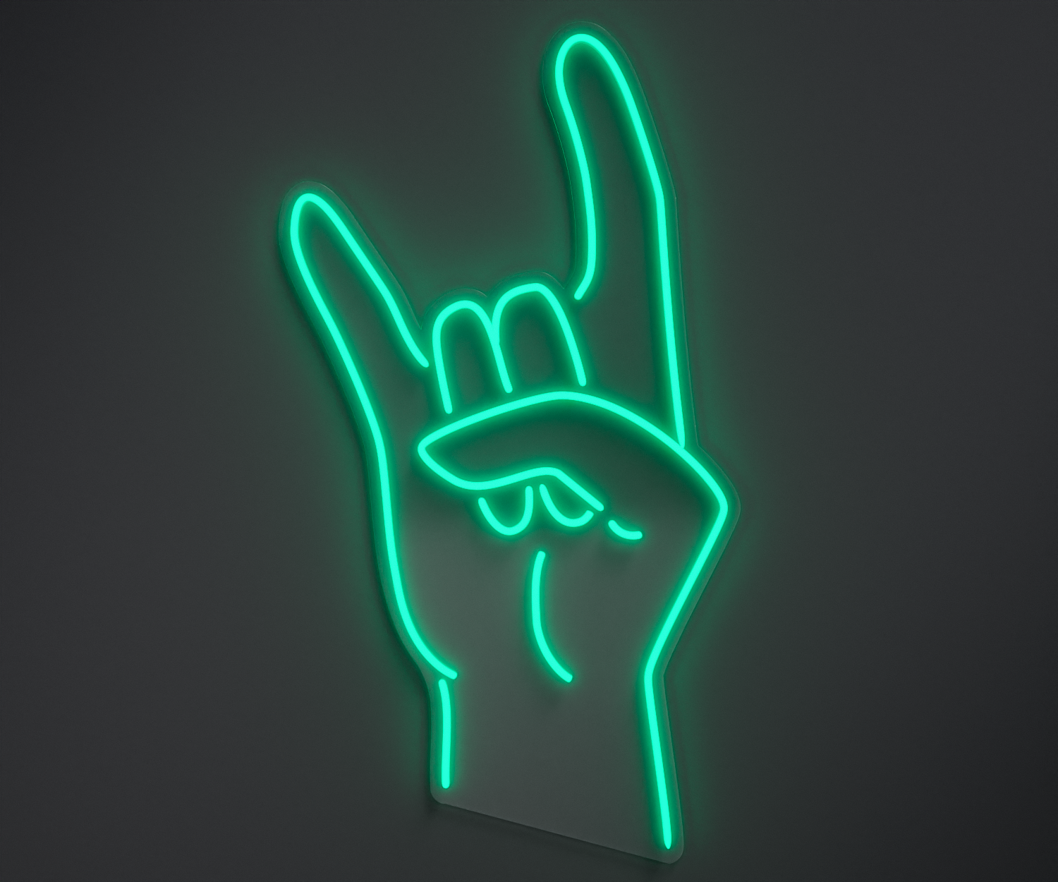 turquoise neon sign of a rock hand