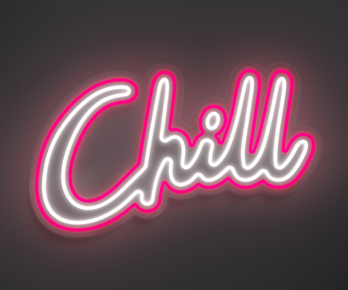 pink and white neon sign that says chill