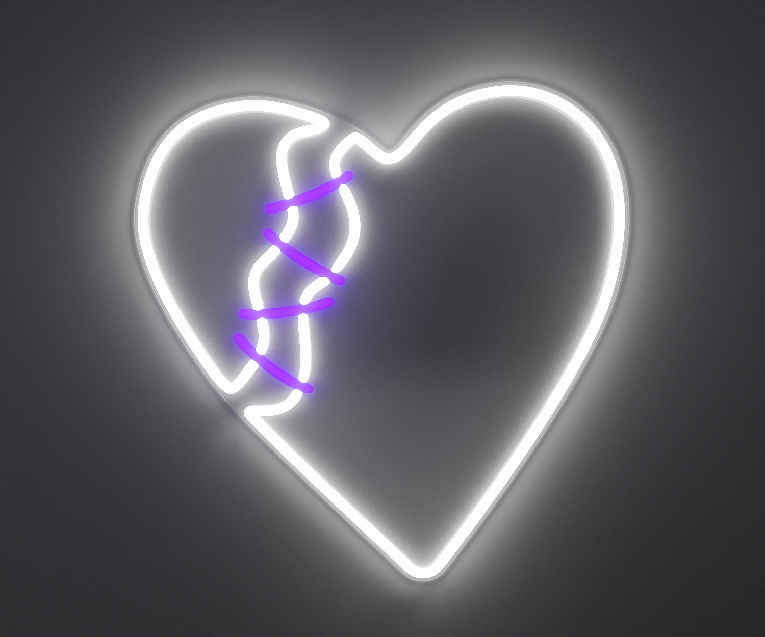 white and purple broken heart neon sign