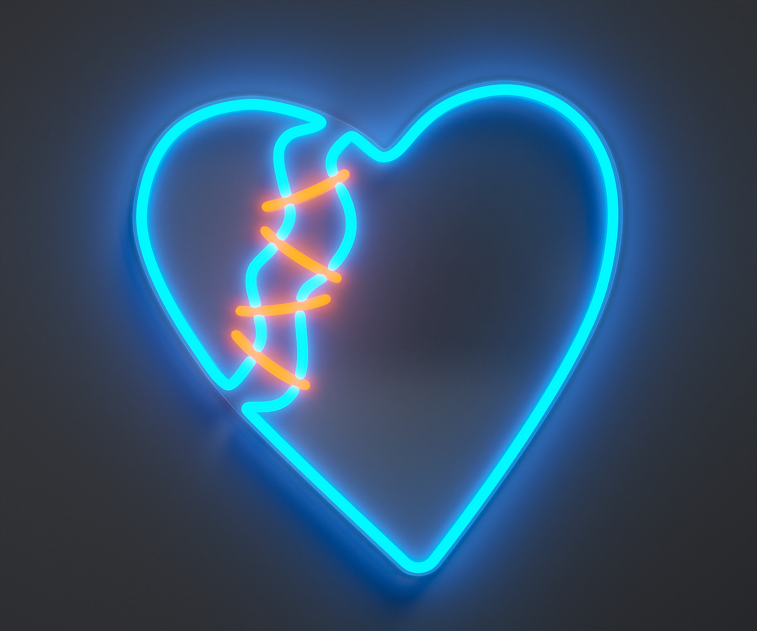 light blue and orange broken heart neon sign