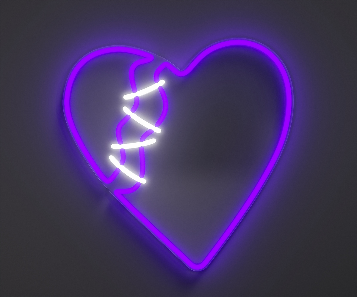 purple broken heart neon sign