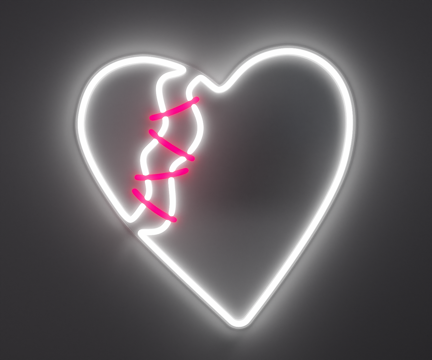 white and pink broken heart neon sign