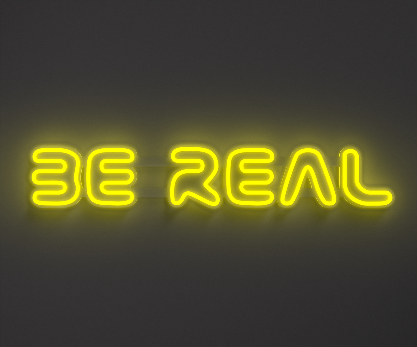 bright yellow neon sign that says be real
