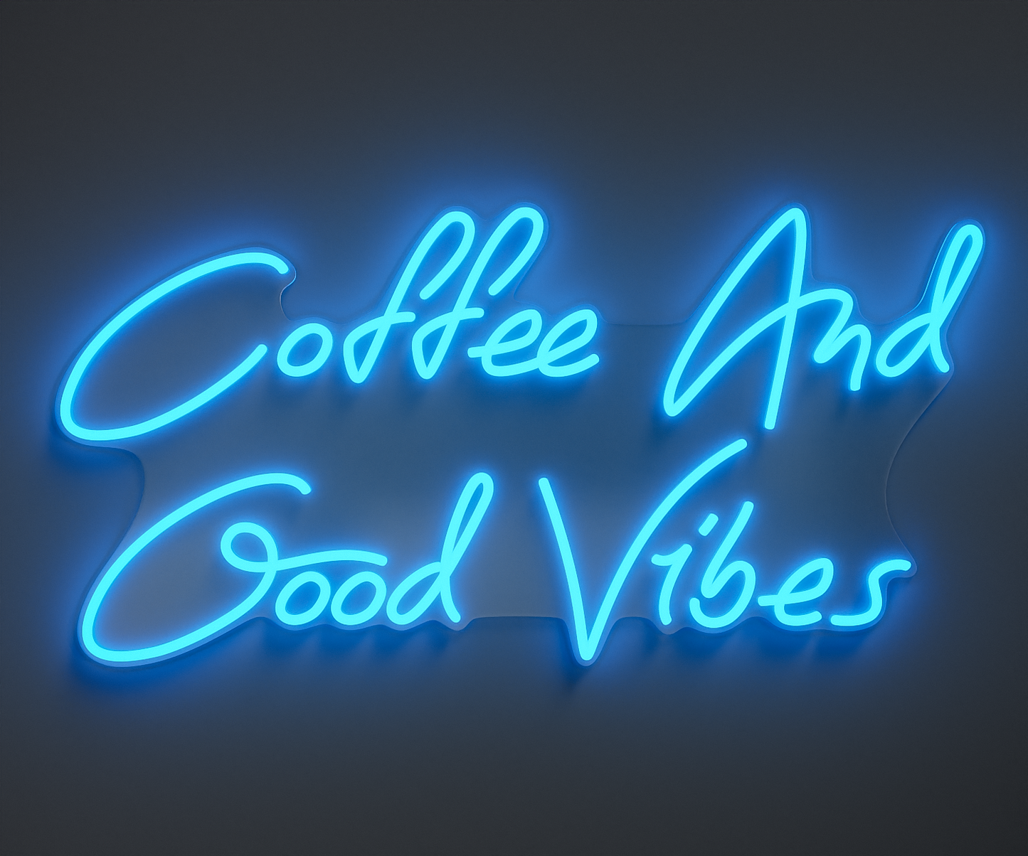 light blue neon sign that says coffee and good vibes