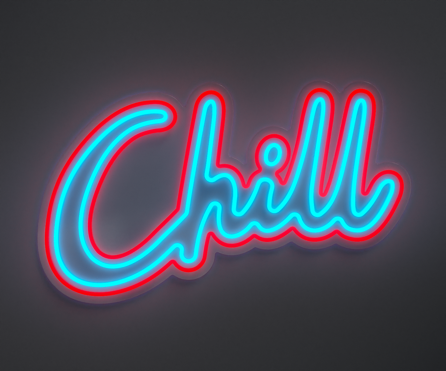 red and light blue neon sign that says chill