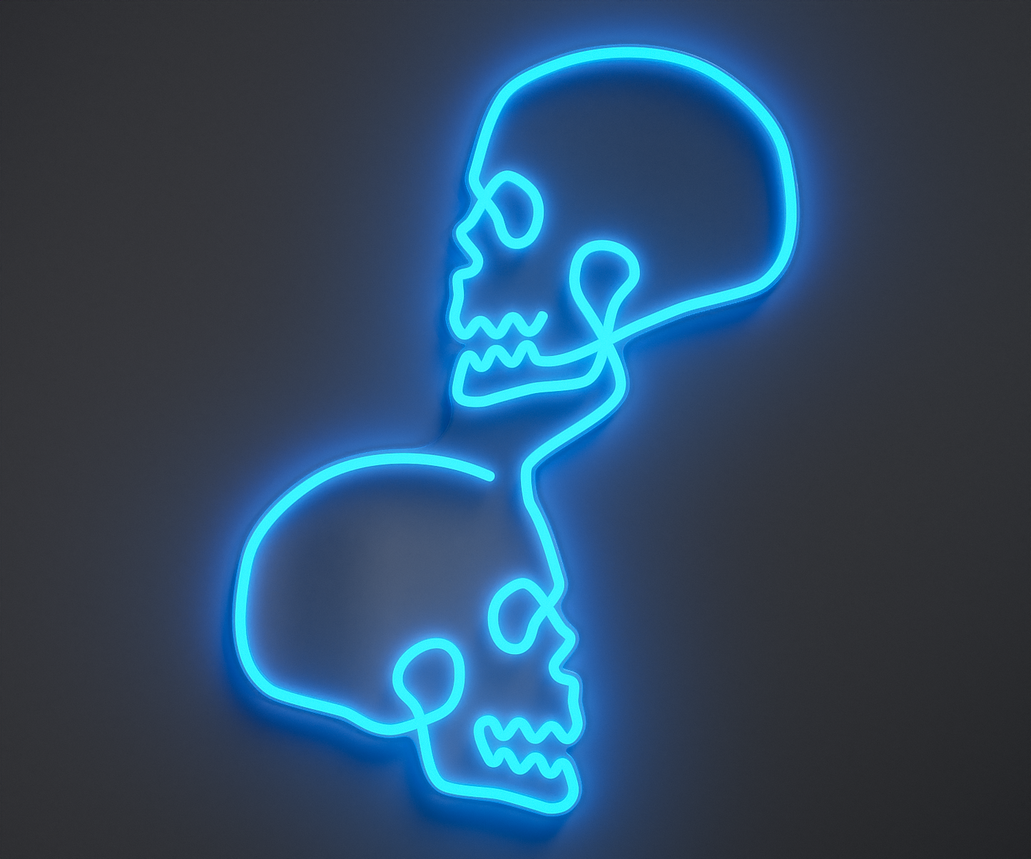 a light blue skull neon sign