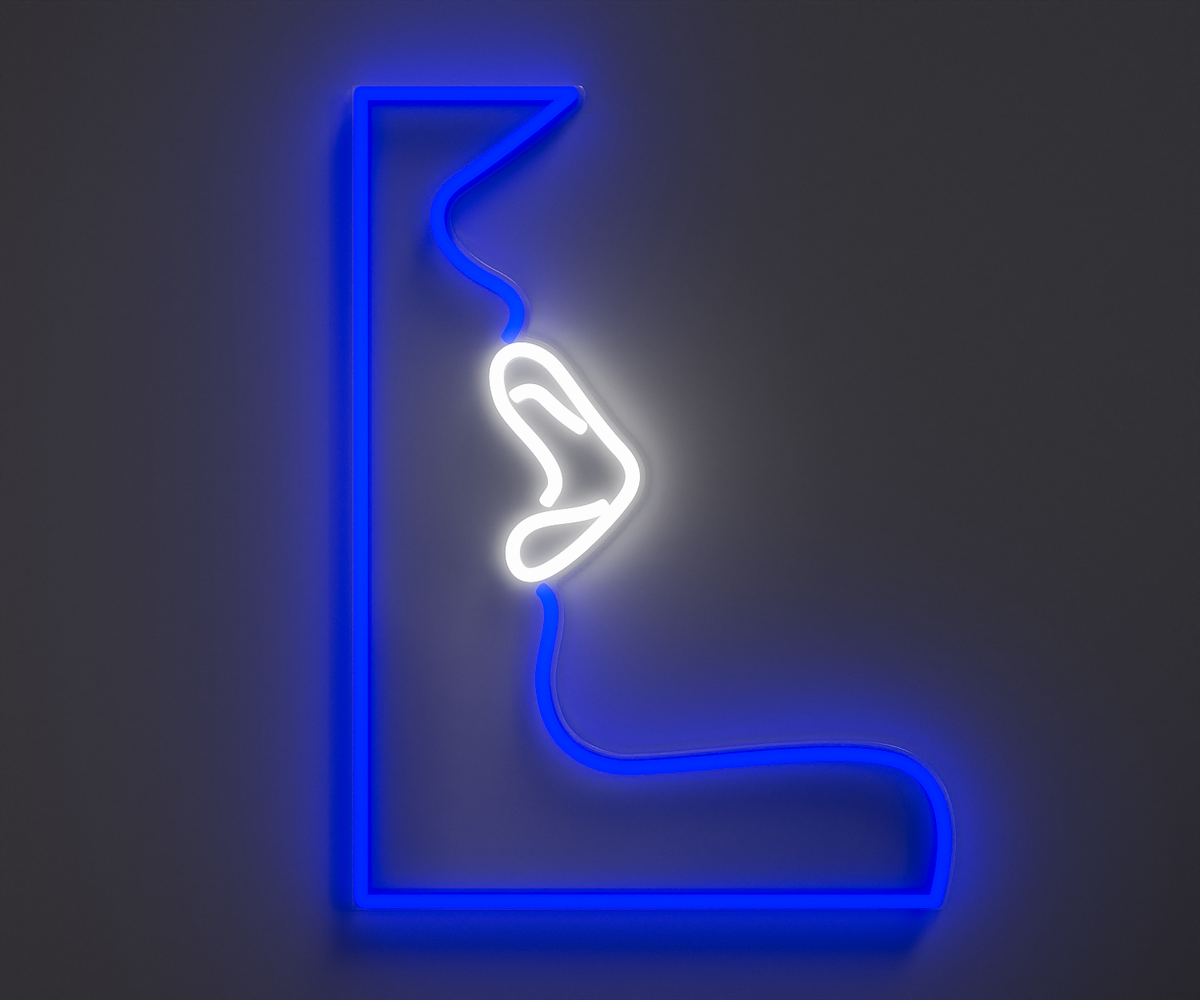 A neon sign of lips, blue and white