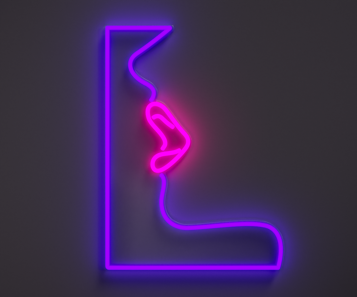 A neon sign of lips, purple and light pink