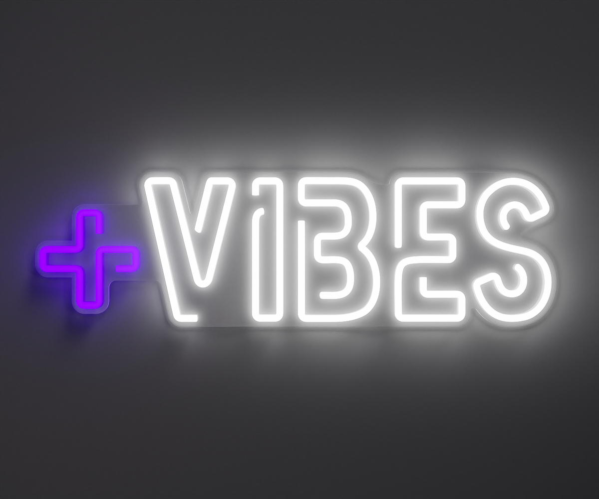 purple and white positive vibes neon sign