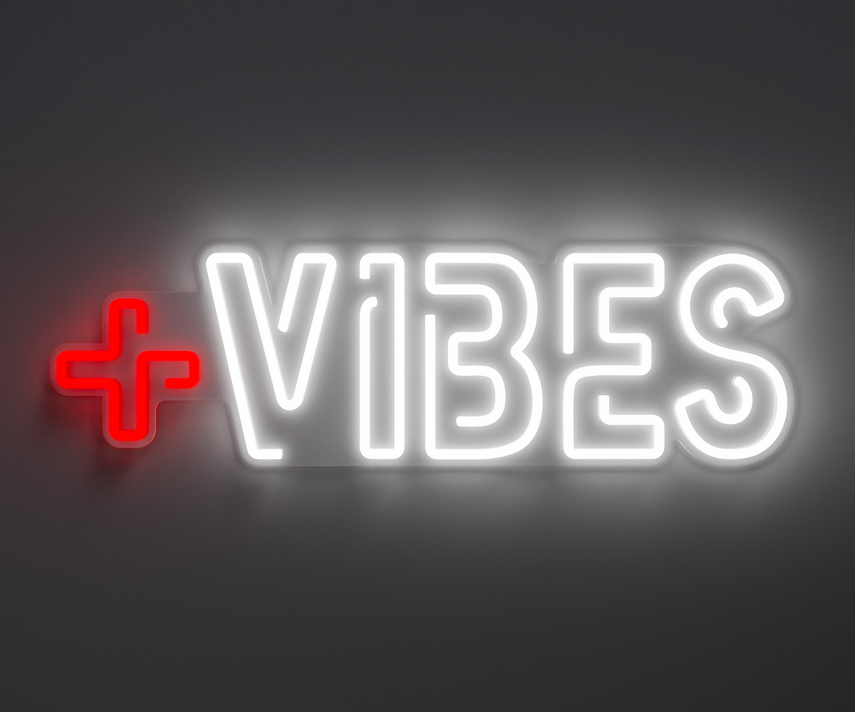 red and white positive vibes neon sign