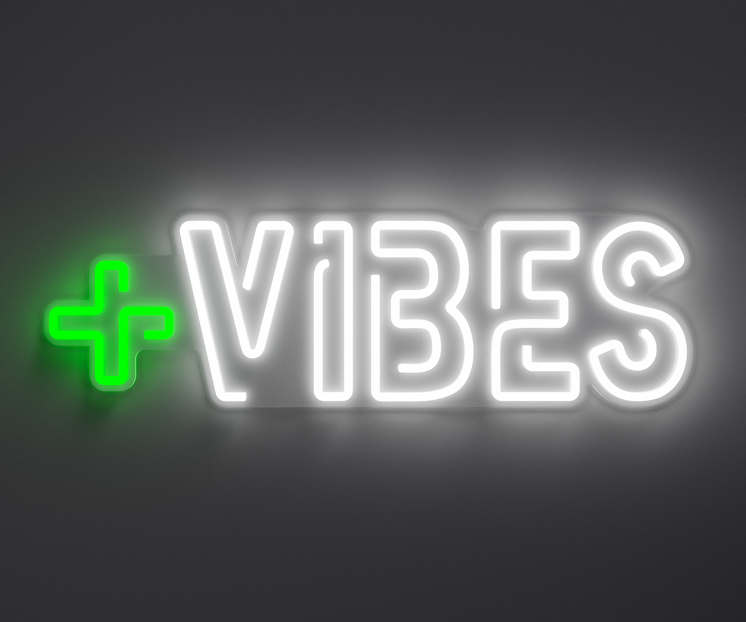 A green white and positive vibes neon sign