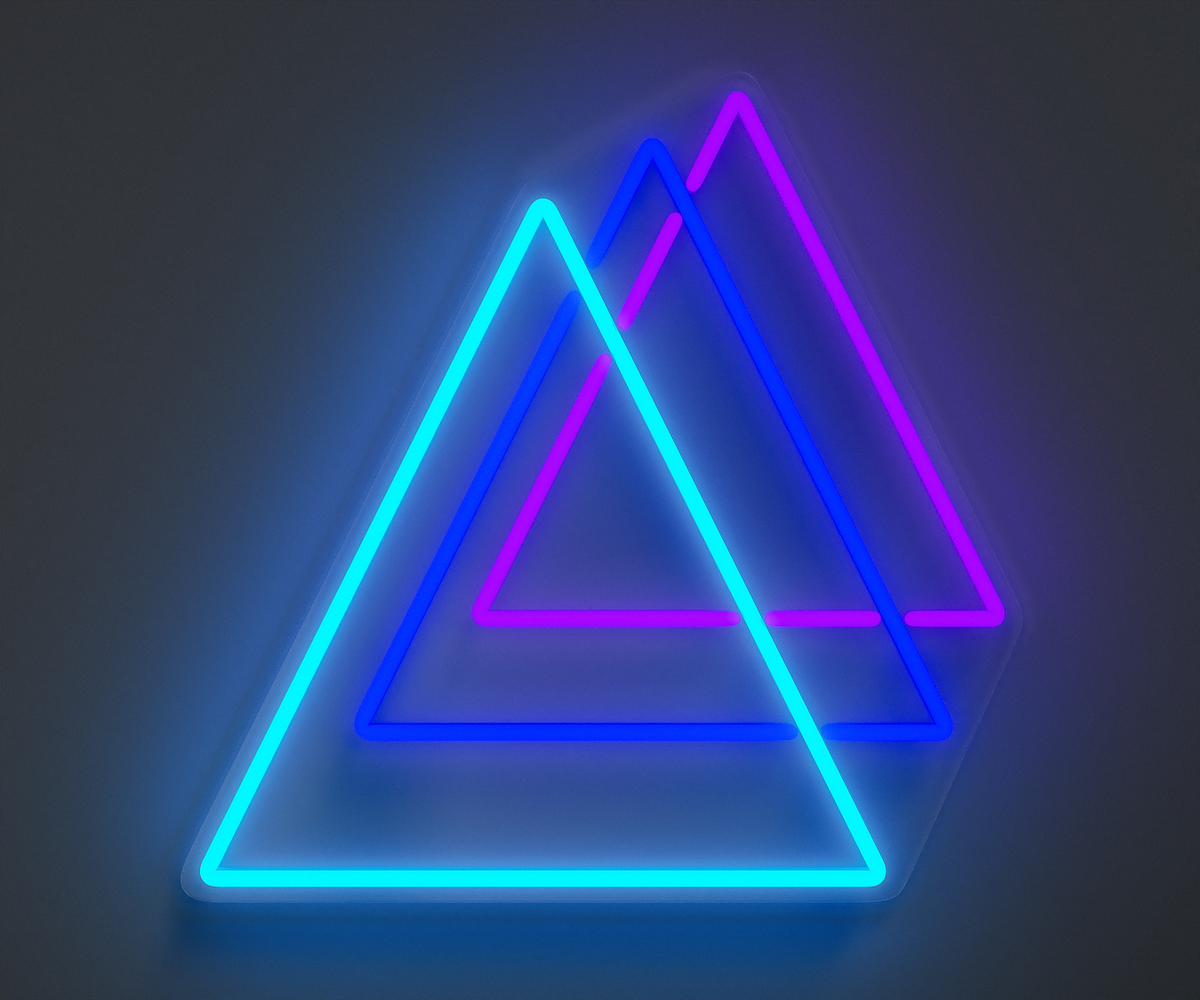 A cyan, blue and purple neon sign of three triangles