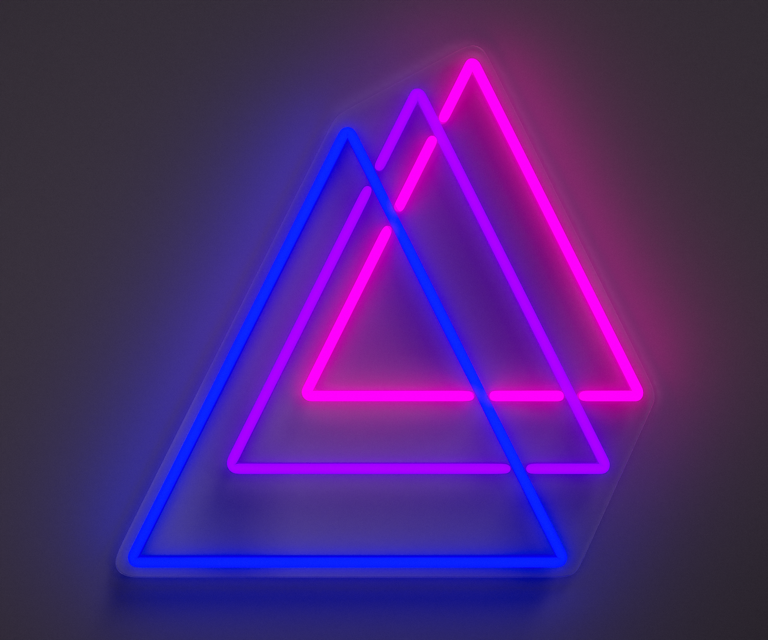 A blue, purple and pink neon sign of three triangles