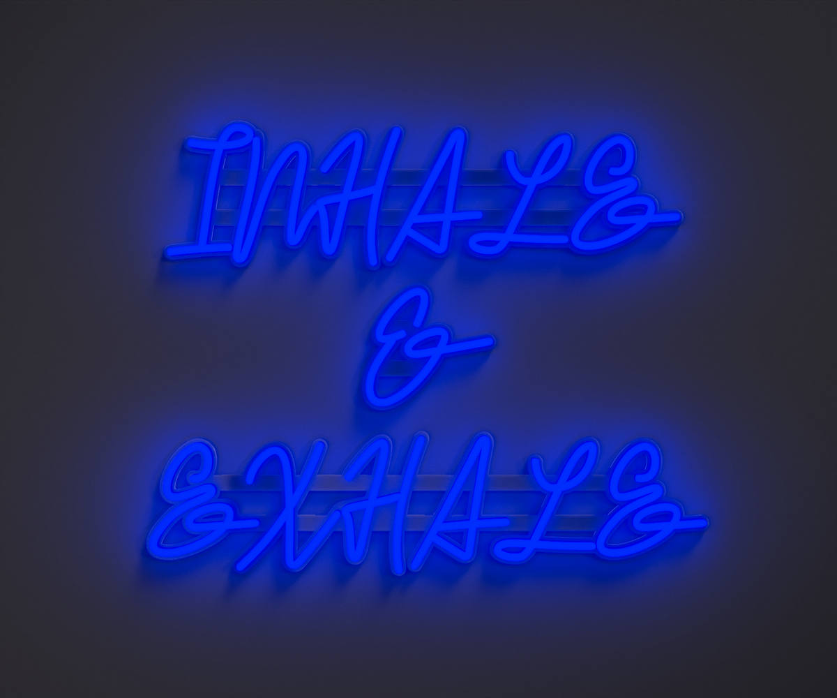blue neon sign that says inhale and exhale