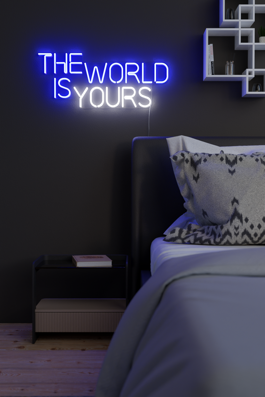 a blue 'the world is yours' neon sign in bedroom