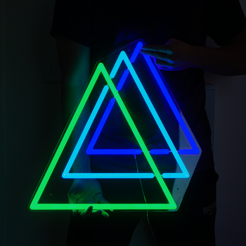 A neon sign of three triangles in green, cyan and blue