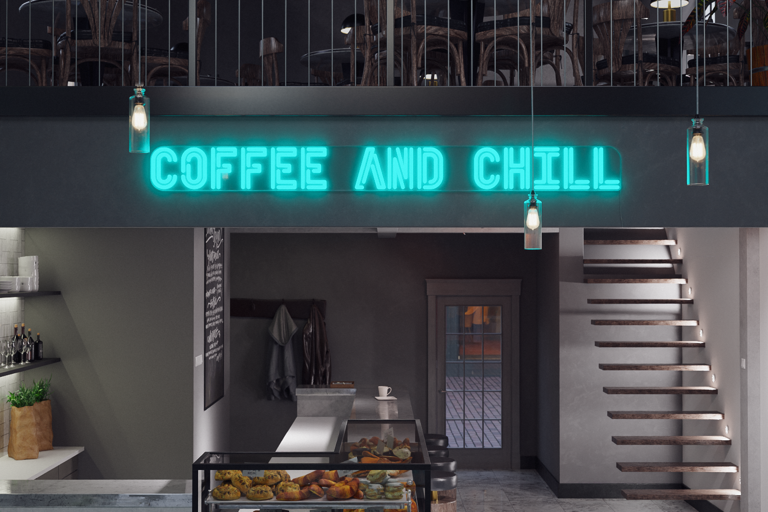 a blue neon sign in a cafe that says "coffee and chill"