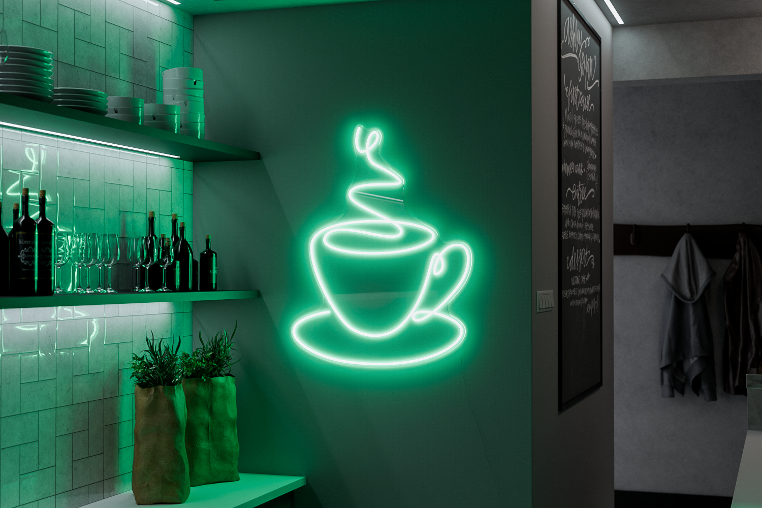a green neon sign in the shape of a coffee mug