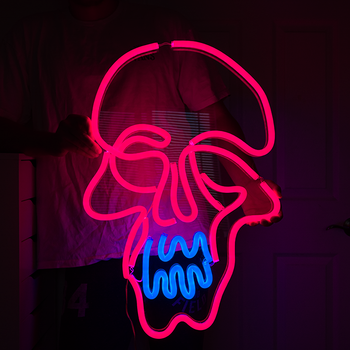 A custom neon sign of a pink skull by Valoneon