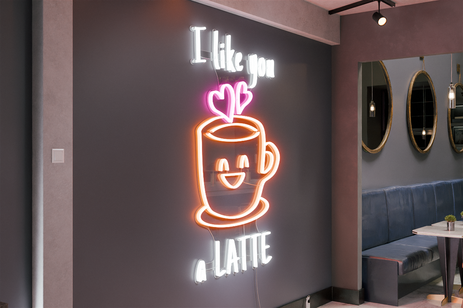 a neon sign that says "i like you a latte"
