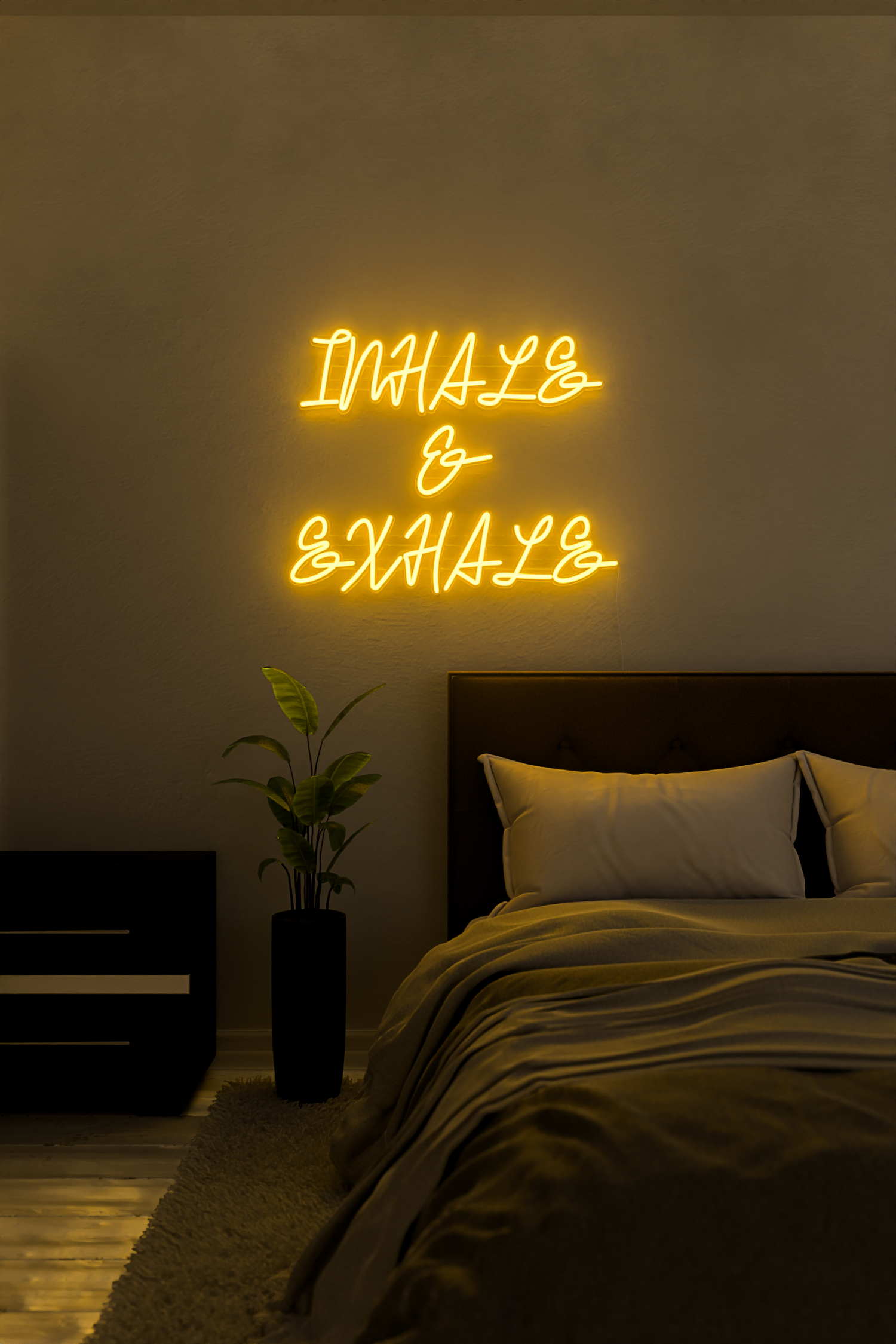 a yellow 'inhale and exhale' neon sign in bedroom